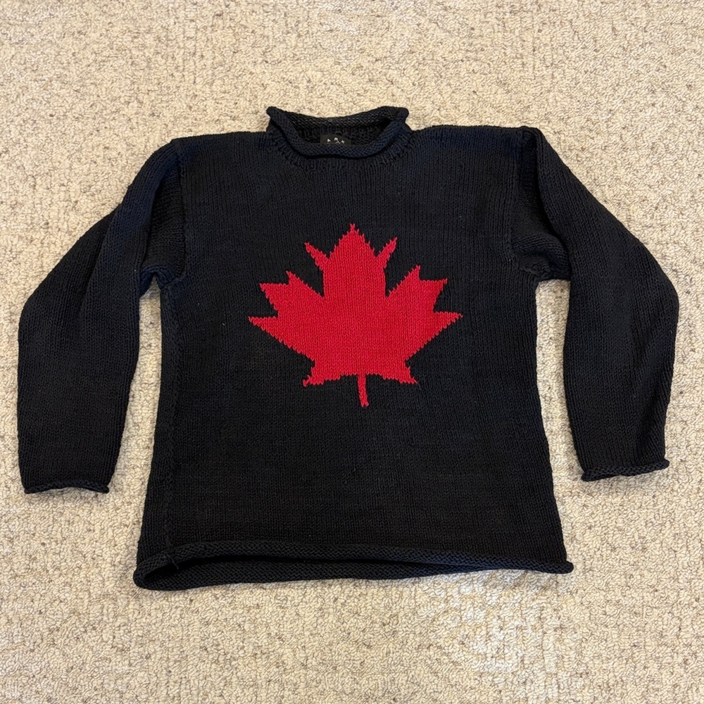 Black Sweater with Red Maple Leaf Design